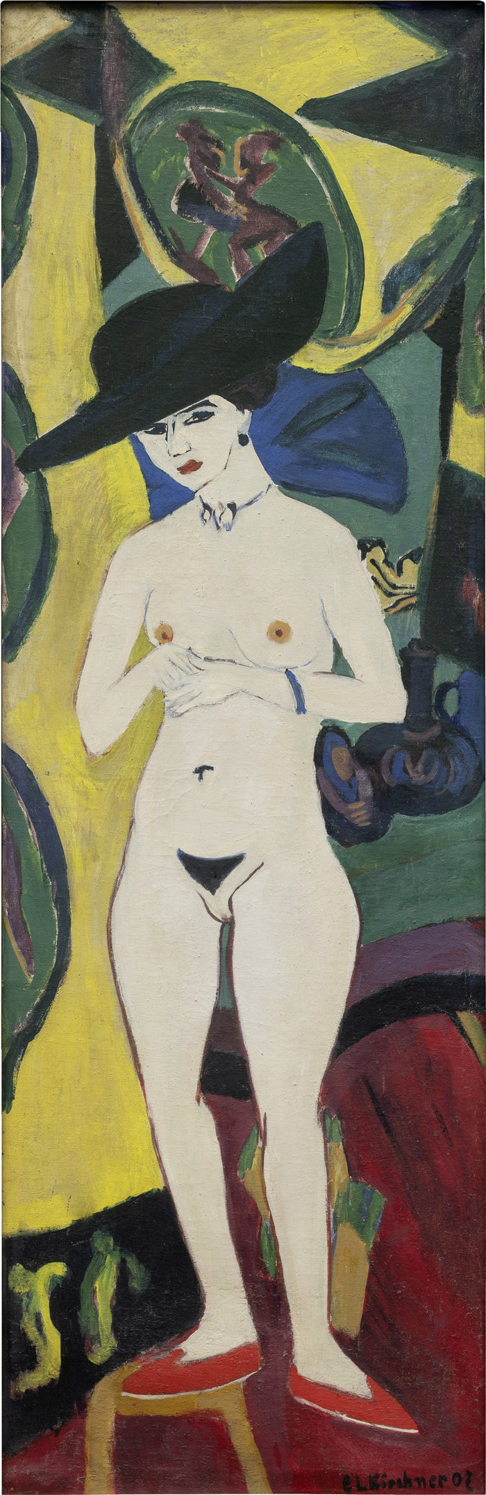 恩斯特·路德维希·基希纳(Ernst Ludwig Kirchner,德国画家)作品-戴帽子的裸 体 (1920)