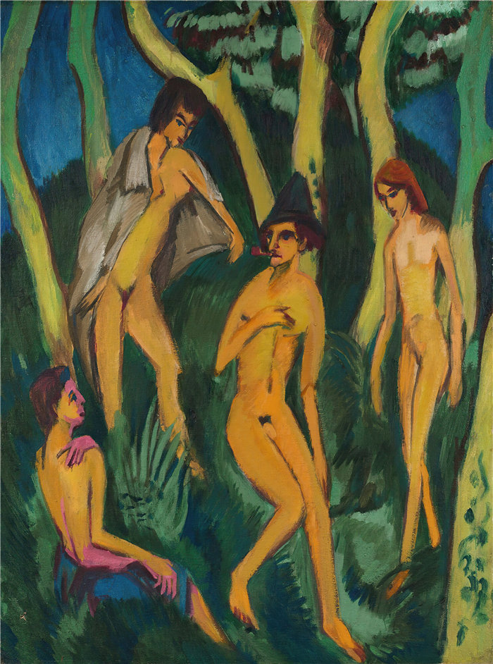 恩斯特·路德维希·基希纳（Ernst Ludwig Kirchner，德国画家）作品-树下的四个裸体
