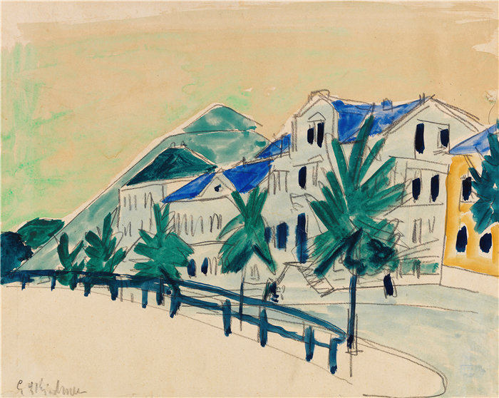 恩斯特·路德维希·基希纳(Ernst Ludwig Kirchner,德国画家)作品-带小巷的房屋(1910年)