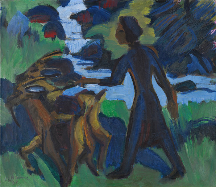 恩斯特·路德维希·基希纳（Ernst Ludwig Kirchner，德国画家）作品-带山羊的女人（1938年）
