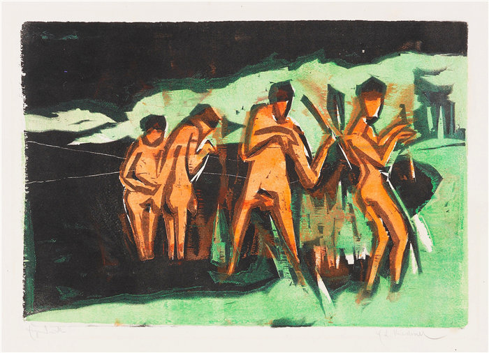 恩斯特·路德维希·基希纳（Ernst Ludwig Kirchner，德国画家）作品-滑雪投掷泳滩（1909年）