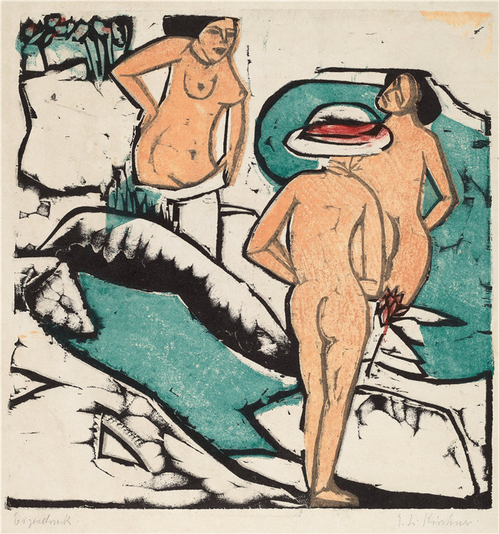 恩斯特·路德维希·基希纳（Ernst Ludwig Kirchner，德国画家）作品-沐浴在白色石头之间的妇女（1912）