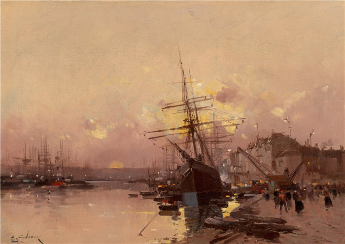 尤金·加利安-拉卢（Eugène Galien-Laloue，法国画家）作品--布列塔尼港 au crépuscule
