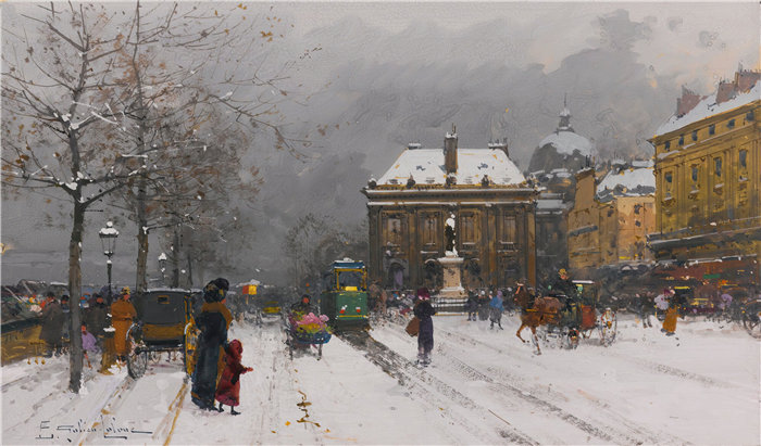 尤金·加利安-拉卢（Eugène Galien-Laloue，法国画家）作品--学院（恶劣天气）