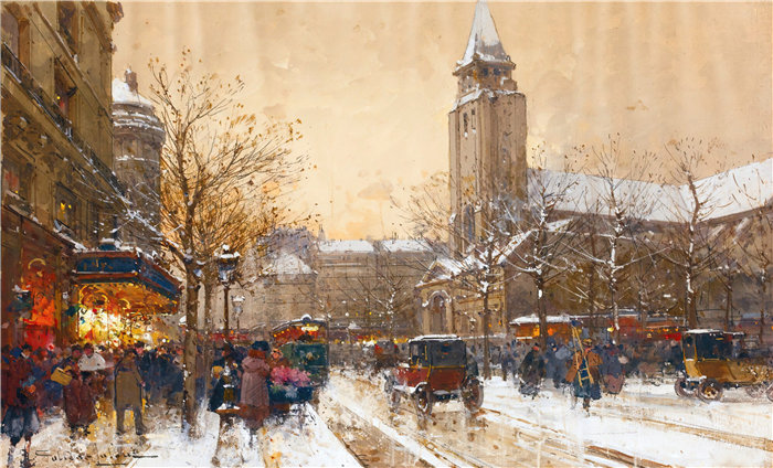 尤金·加利安-拉卢（Eugène Galien-Laloue，法国画家）作品--巴黎圣日耳曼大道