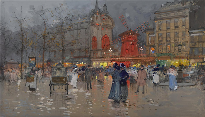 尤金·加利安-拉卢(Eugène Galien-Laloue,法国画家)作品--巴黎红磨坊