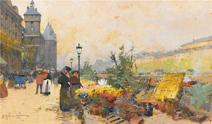 尤金·加利安-拉卢（Eugène Galien-Laloue，法国画家）作品--城市花卉市场