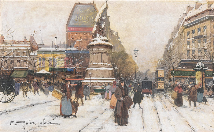 尤金·加利安-拉卢（Eugène Galien-Laloue，法国画家）作品--巴黎雪中的克利希广场