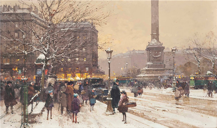 尤金·加利安-拉卢（Eugène Galien-Laloue，法国画家）作品--雪中​​人物，巴黎协和广场