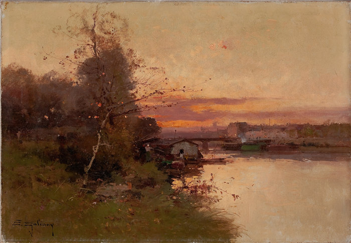 尤金·加利安-拉卢（Eugène Galien-Laloue，法国画家）作品--夕阳下的河流
