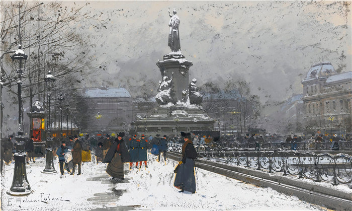 尤金·加利安-拉卢（Eugène Galien-Laloue，法国画家）作品--共和广场（Neige）