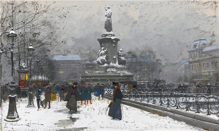 尤金·加利安-拉卢(Eugène Galien-Laloue,法国画家)作品--共和广场(Neige)