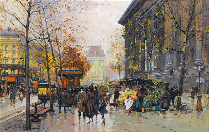 尤金·加利安-拉卢（Eugène Galien-Laloue，法国画家）作品--花市，马德兰