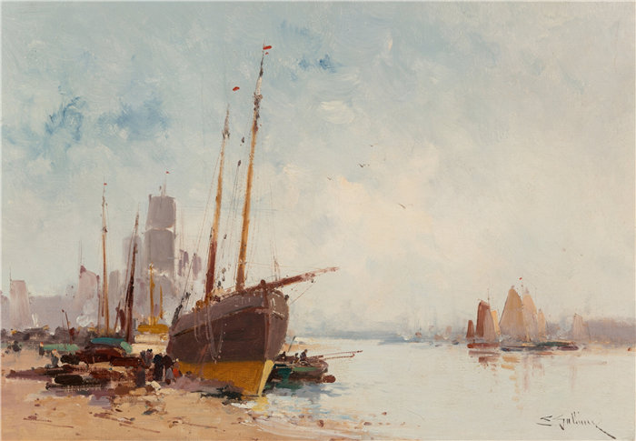 尤金·加利安-拉卢（Eugène Galien-Laloue，法国画家）作品--Bateaux au 港口