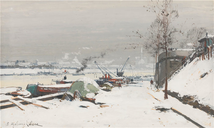 尤金·加利安-拉卢（Eugène Galien-Laloue，法国画家）作品--白雪下的贝西码头