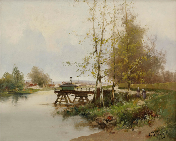 尤金·加利安-拉卢（Eugène Galien-Laloue，法国画家）作品--村庄边缘的池塘