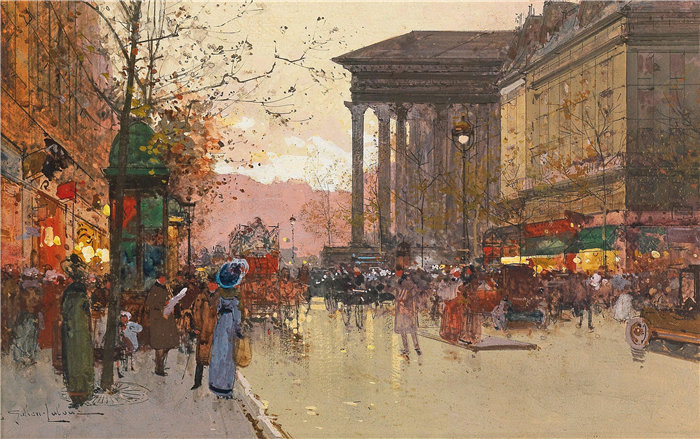 尤金·加利安-拉卢（Eugène Galien-Laloue，法国画家）作品--巴黎，晚上的玛德琳大道