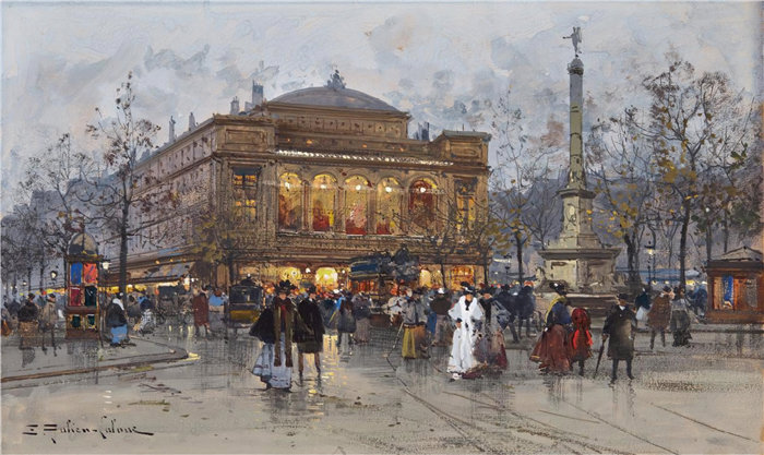尤金·加利安-拉卢（Eugène Galien-Laloue，法国画家）作品--巴黎夏特莱剧院