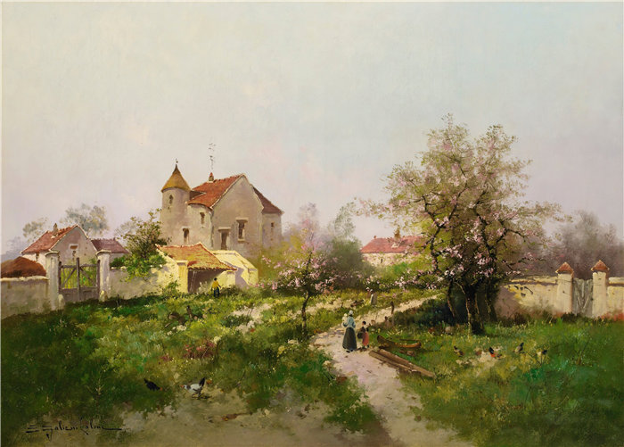 尤金·加利安-拉卢（Eugène Galien-Laloue，法国画家）作品--巴比松郊区的乡村风光