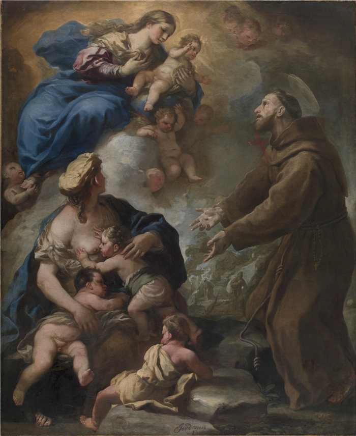 卢卡·佐丹奴 (Luca Giordano，意大利画家) 作品-圣母子出现在阿西西的圣弗朗西斯（1680 年代）