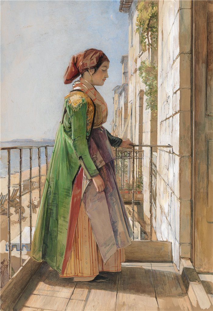 约翰·弗雷德里克·刘易斯(John Frederick Lewis英国画家)作品-站在阳台上的希腊女孩 1840
