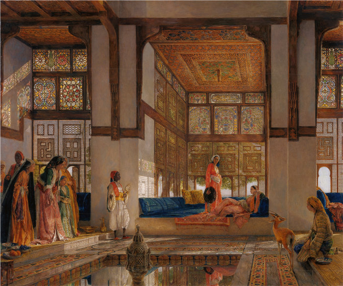 约翰·弗雷德里克·刘易斯(John Frederick Lewis英国画家)作品-接待访客的女士(接待处)(1873)