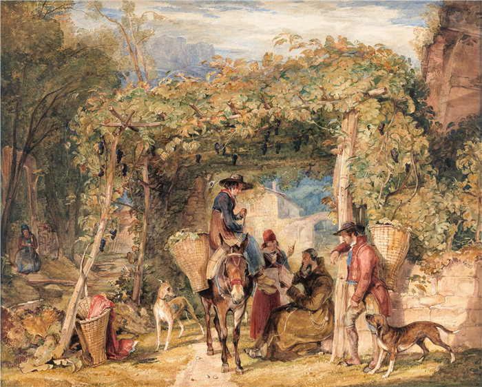 约翰·弗雷德里克·刘易斯（John Frederick Lewis英国画家）作品-葡萄园中的人物和动物（1829 年）
