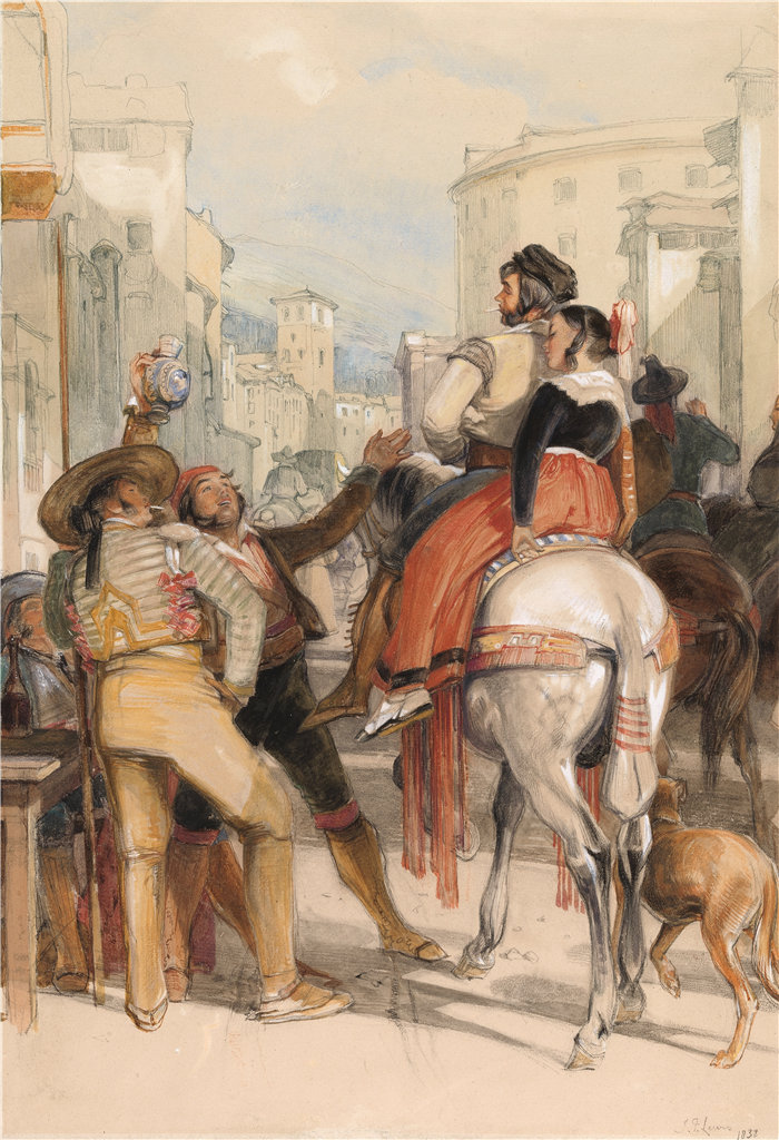 约翰·弗雷德里克·刘易斯(John Frederick Lewis英国画家)作品-斗牛日格拉纳达的街景(1833 年)