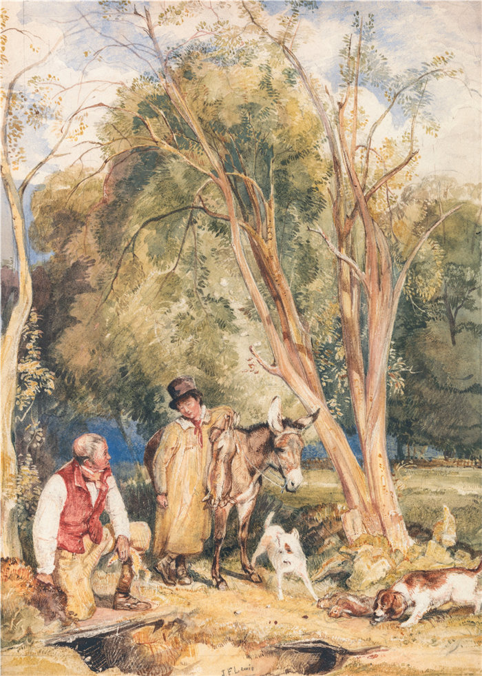 约翰·弗雷德里克·刘易斯(John Frederick Lewis英国画家)作品-游戏管理员和男孩抓兔子