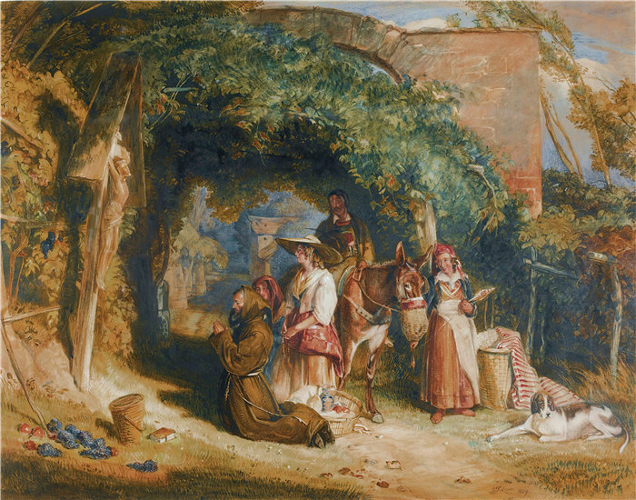 约翰·弗雷德里克·刘易斯(John Frederick Lewis英国画家)作品-虔诚的意大利蒂罗尔农民 (1829)