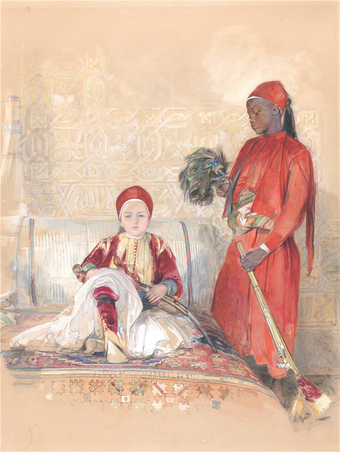 约翰·弗雷德里克·刘易斯(John Frederick Lewis英国画家)作品-伊斯坎德尔·贝和他的仆人(约 1848 年)