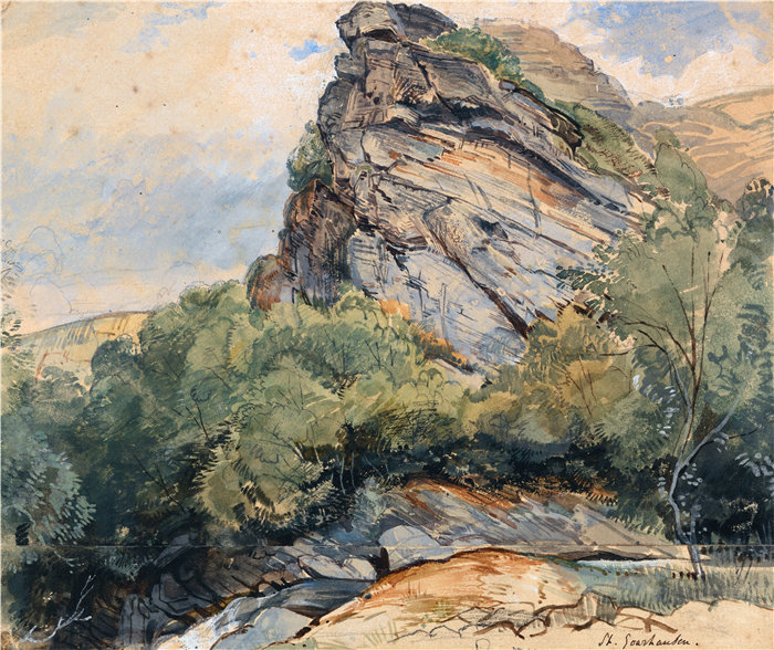 约翰·弗雷德里克·刘易斯(John Frederick Lewis英国画家)作品-科布伦茨和美因茨之间莱茵河上的圣戈阿豪森 (1827)