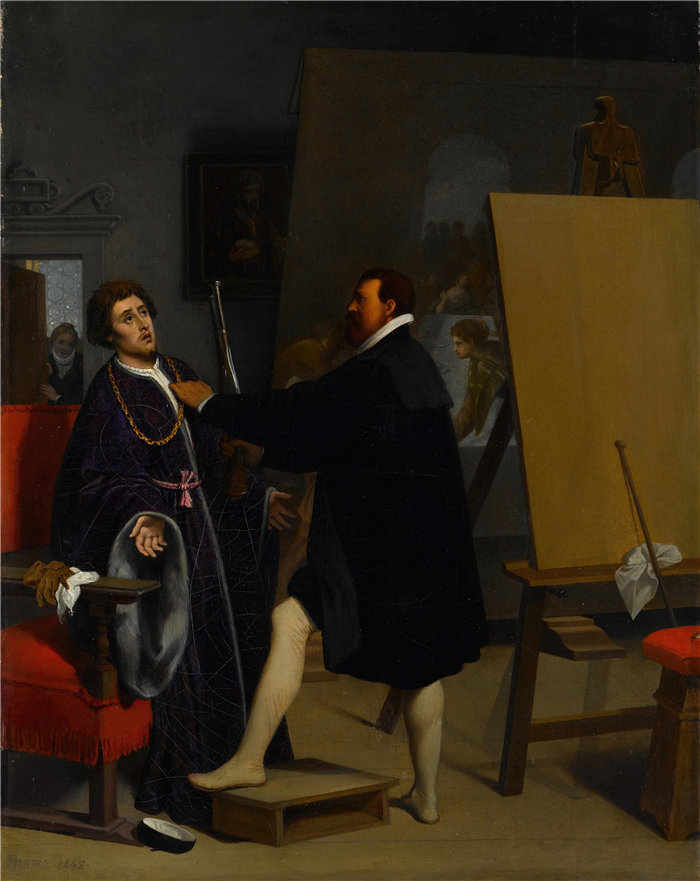 让·奥古斯特·多米尼克·安格尔（Jean Auguste Dominique Ingres，法国画家）-丁托列托工作室中的阿雷蒂诺 (1848)