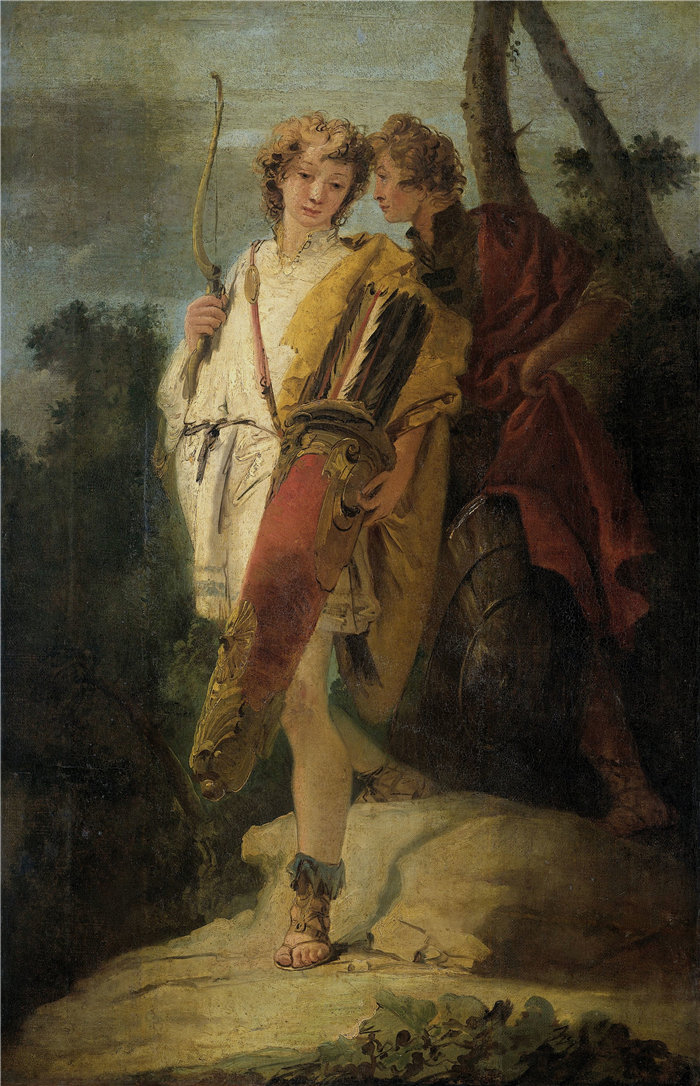 乔瓦尼·巴蒂斯塔·提埃波罗（Giovanni Battista Tiepolo，意大利画家）作品-拿着弓和大箭袋的年轻人和他的盾牌同伴（1730 - 1750）