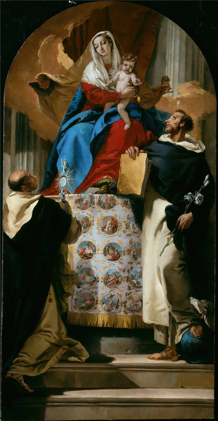 乔瓦尼·巴蒂斯塔·提埃波罗（Giovanni Battista Tiepolo，意大利画家）作品-圣母子与圣徒多米尼克和风信子（1730 年）