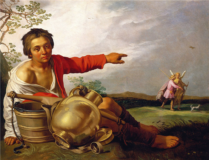 亚伯拉罕·布洛马特(Abraham Bloemaert,荷兰画家)作品-牧童指着托比亚斯和天使(约 1625–30 年)