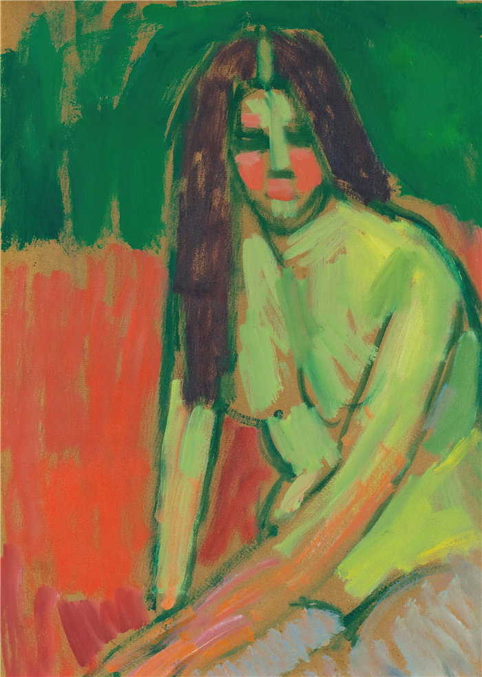 阿列克谢·冯·贾伦斯基（Alexej von Jawlensky，俄罗斯画家）作品-长发坐弯的半裸人像