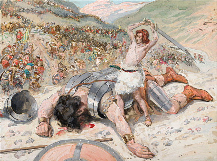 詹姆斯·天梭（James Tissot，法国画家）作品-大卫砍下歌利亚的头颅 (c. 1896-1902)