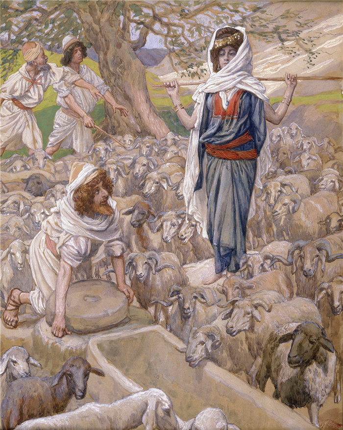 詹姆斯·天梭（James Tissot，法国画家）作品-雅各布和瑞秋在井边（c. 1896-1902）