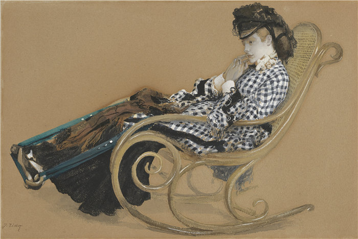 詹姆斯·天梭（James Tissot，法国画家）作品-坐在摇椅上的年轻女子（约 1873 年）
