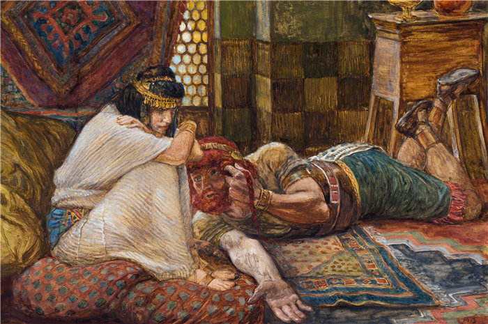 詹姆斯·天梭（James Tissot，法国画家）作品-参孙向大利拉透露他的秘密（约 1896-1902）