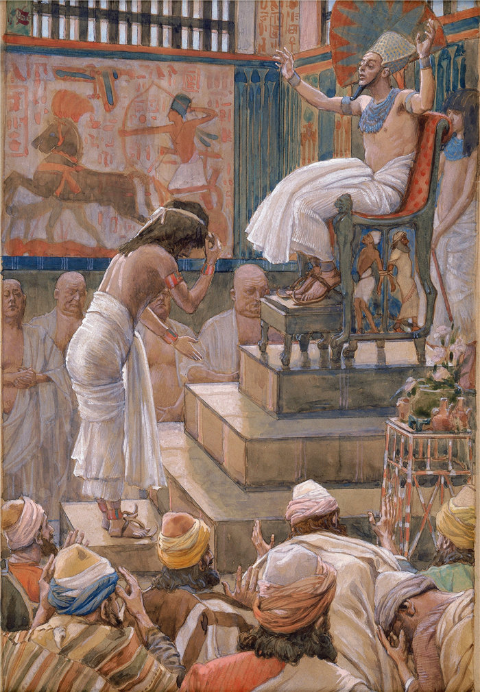 詹姆斯·天梭（James Tissot，法国画家）作品-约瑟夫和他的弟兄受到法老的欢迎（约 1896-1902）