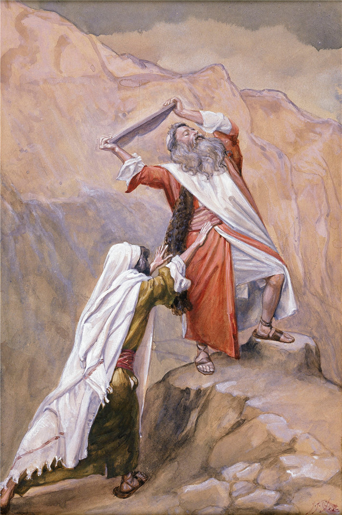 詹姆斯·天梭（James Tissot，法国画家）作品-摩西摧毁十诫的表（约 1896-1902）