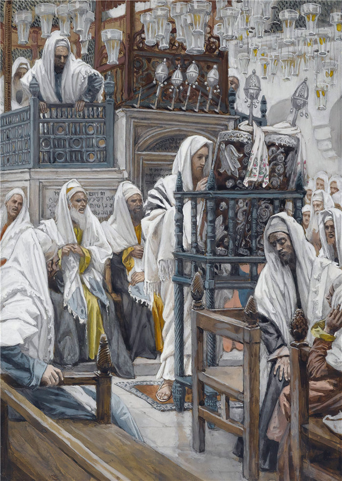 詹姆斯·天梭（James Tissot，法国画家）作品-耶稣在会堂里展开书卷（1886-1894）