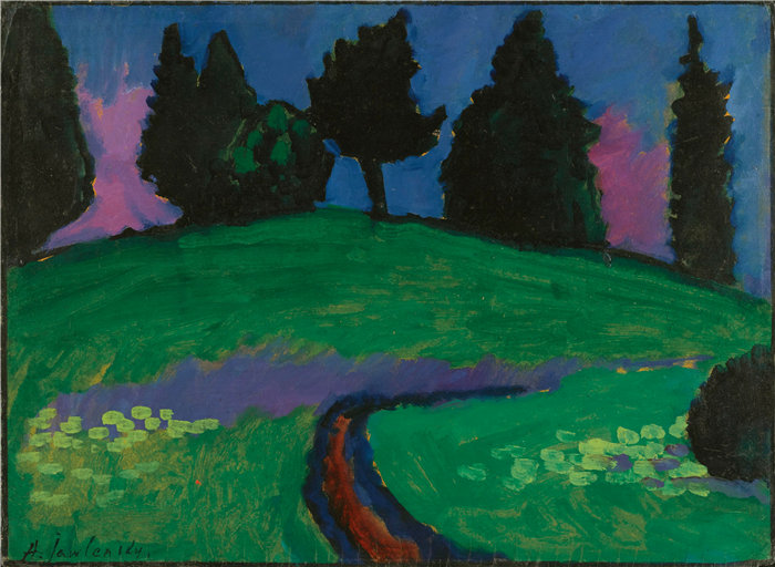 阿列克谢·冯·贾伦斯基（Alexej von Jawlensky，俄罗斯画家）作品-绿坡上的黑树（1910）