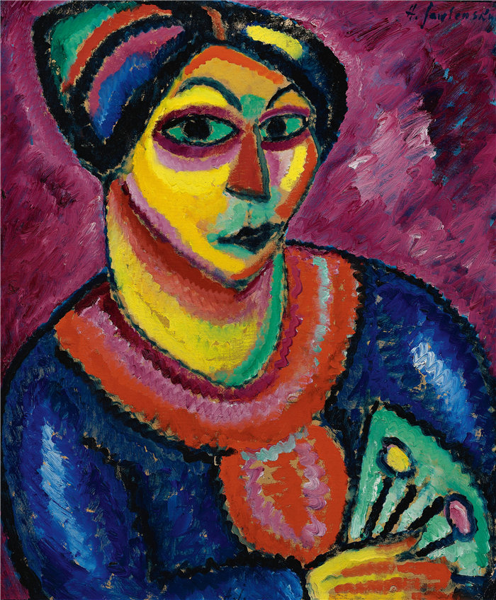 阿列克谢·冯·贾伦斯基（Alexej von Jawlensky，俄罗斯画家）作品-拿绿扇子的女人 (1912)