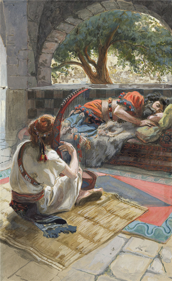 詹姆斯·天梭(James Tissot,法国画家)作品-大卫在扫罗面前弹竖琴(约 1896-1902 年)