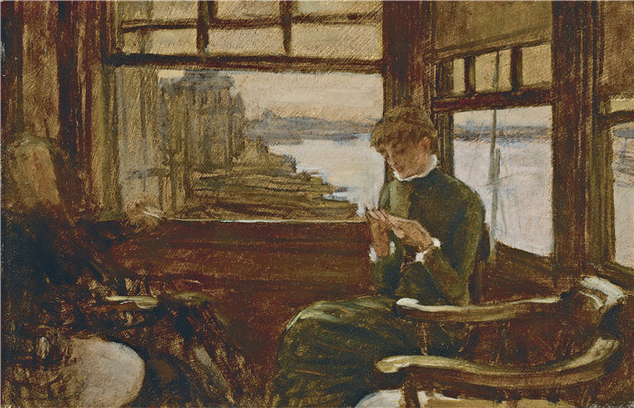 詹姆斯·天梭（James Tissot，法国画家）作品-凯瑟琳牛顿在泰晤士河畔的小酒馆