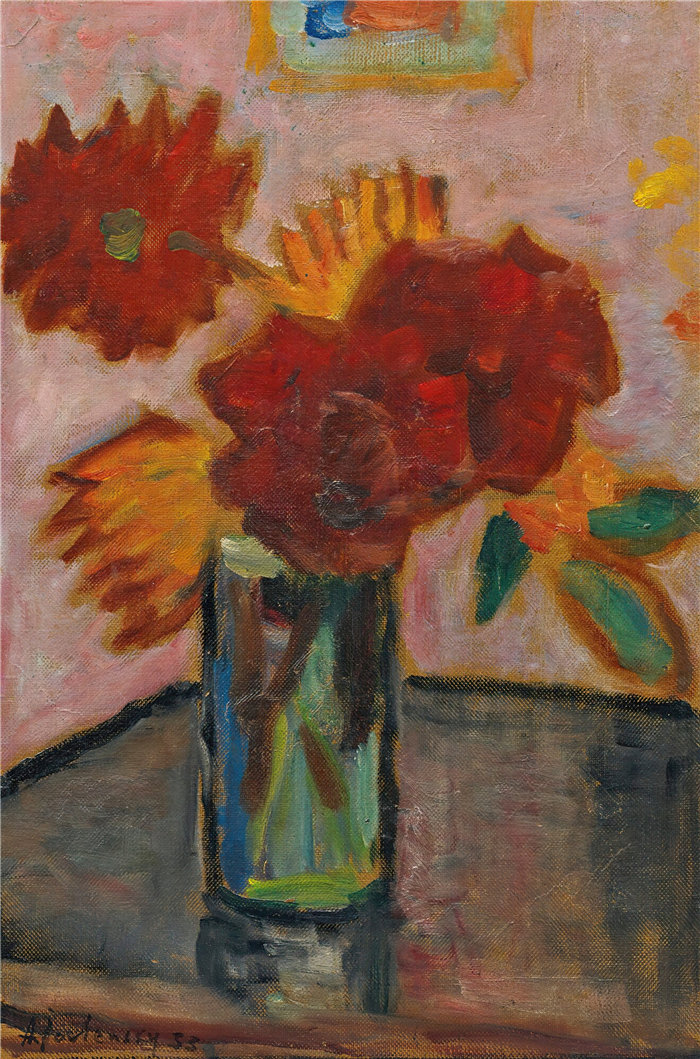阿列克谢·冯·贾伦斯基（Alexej von Jawlensky，俄罗斯画家）作品-有花的静物（1933）