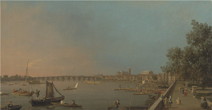 卡纳莱托 (Canaletto,意大利画家)作品-从萨默塞特宫的露台看泰晤士河,望向威斯敏斯特